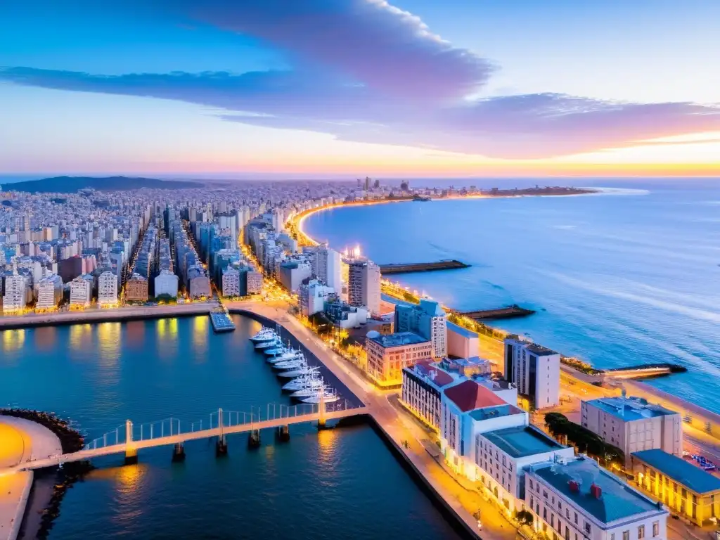 Vista aérea de Montevideo al atardecer, muestra el transporte económico y eficiente en Uruguay con un autobús moderno en primer plano, el bullicio del puerto y la Rambla llena de vida