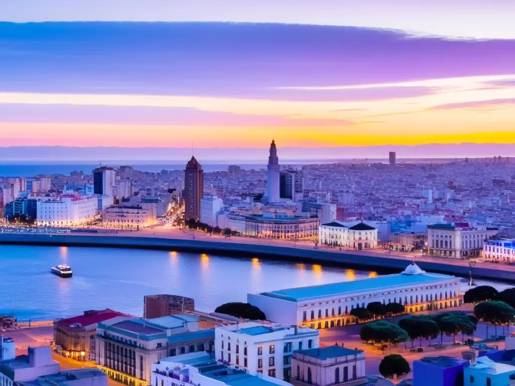 Vista aérea de Montevideo, Uruguay al atardecer, con transporte accesible para turistas en Uruguay, destacando la arquitectura y el puerto