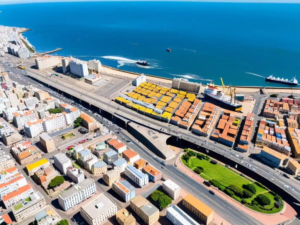 Vista aérea de Montevideo al atardecer, mostrando el transporte económico y eficiente en Uruguay: puerto bullicioso, taxis amarillos, buses y aviones