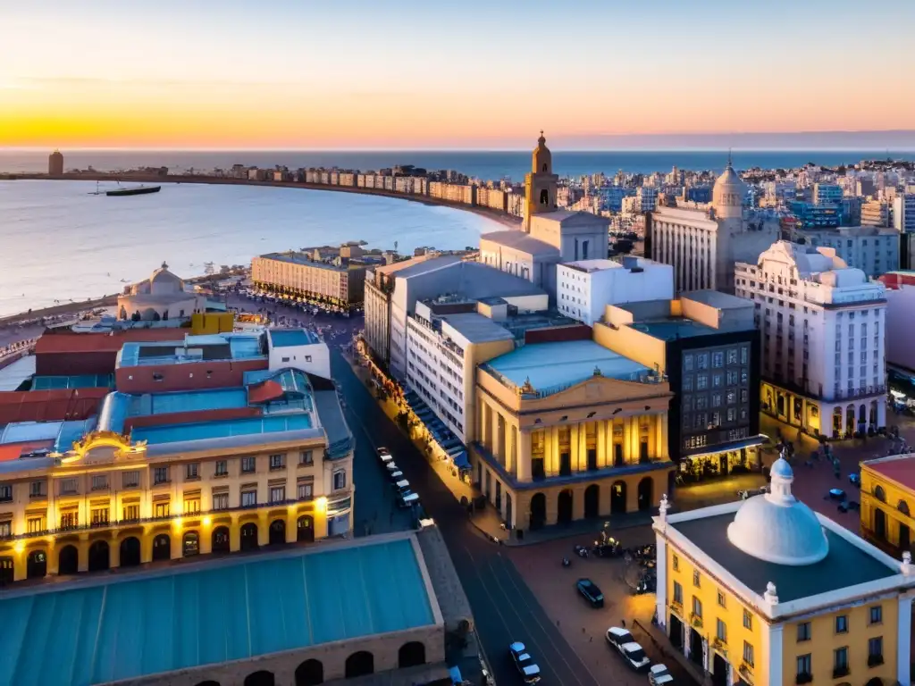 Vista aérea de Montevideo al atardecer, reflejando las vibrantes actividades económicas en Uruguay, entre mercados bulliciosos y el puerto activo