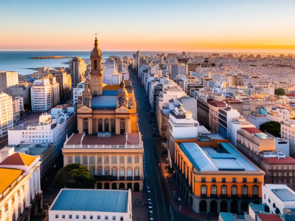 Vista aérea de Montevideo bañada en tonos dorados al atardecer, ideal para disfrutar Uruguay con presupuesto ajustado