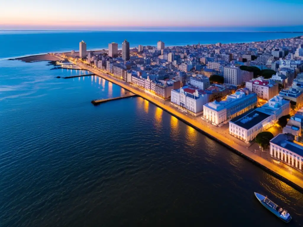 Vista aérea de Montevideo, Uruguay al anochecer, con barrios iluminados y la vida urbana vibrante