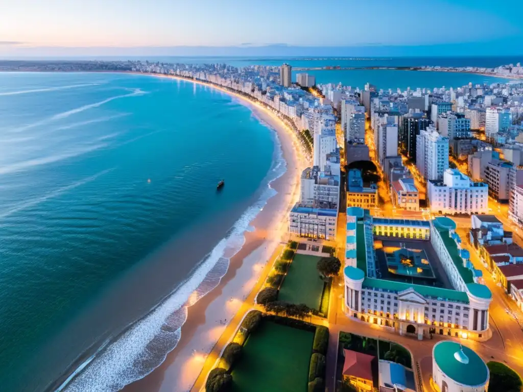 Vista aérea de Montevideo, Uruguay al anochecer, donde la belleza cultural, Uruguay paisajes y luces de ciudad resplandecen como estrellas