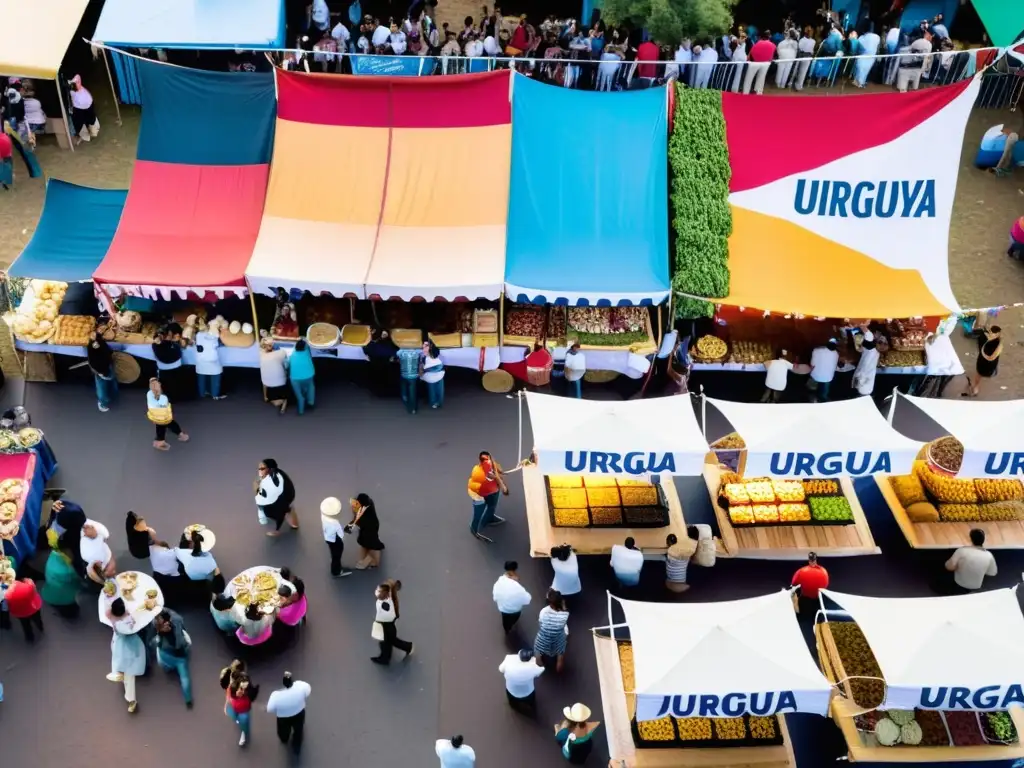 Vista aérea de un bullicioso y colorido evento gastronómico sorprendente en Uruguay, donde los aromas y sabores se mezclan bajo un cielo azul