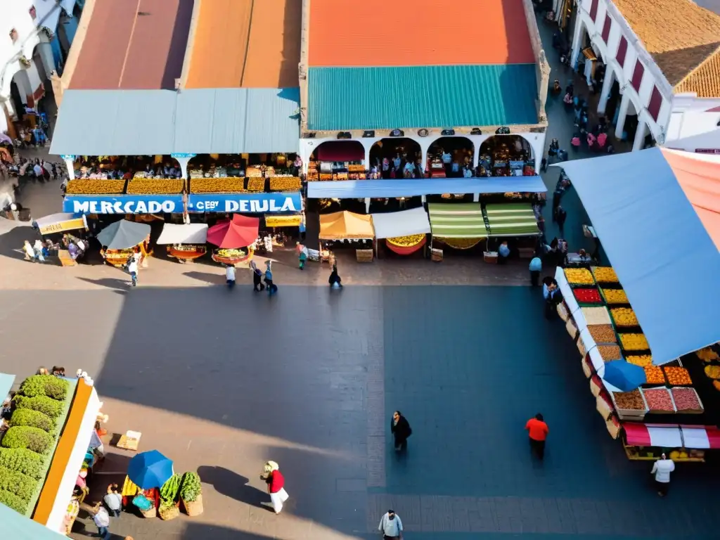 Vista aérea del bullicioso Mercado del Puerto, Uruguay, cultura vibrante en cada puesto, humo de asados y el azul del Río de la Plata