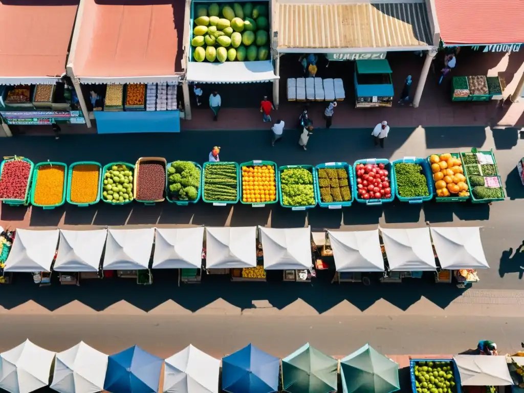 Vista aérea de un bullicioso mercado en Montevideo, Uruguay, lleno de alimentos y bebidas saludables locales