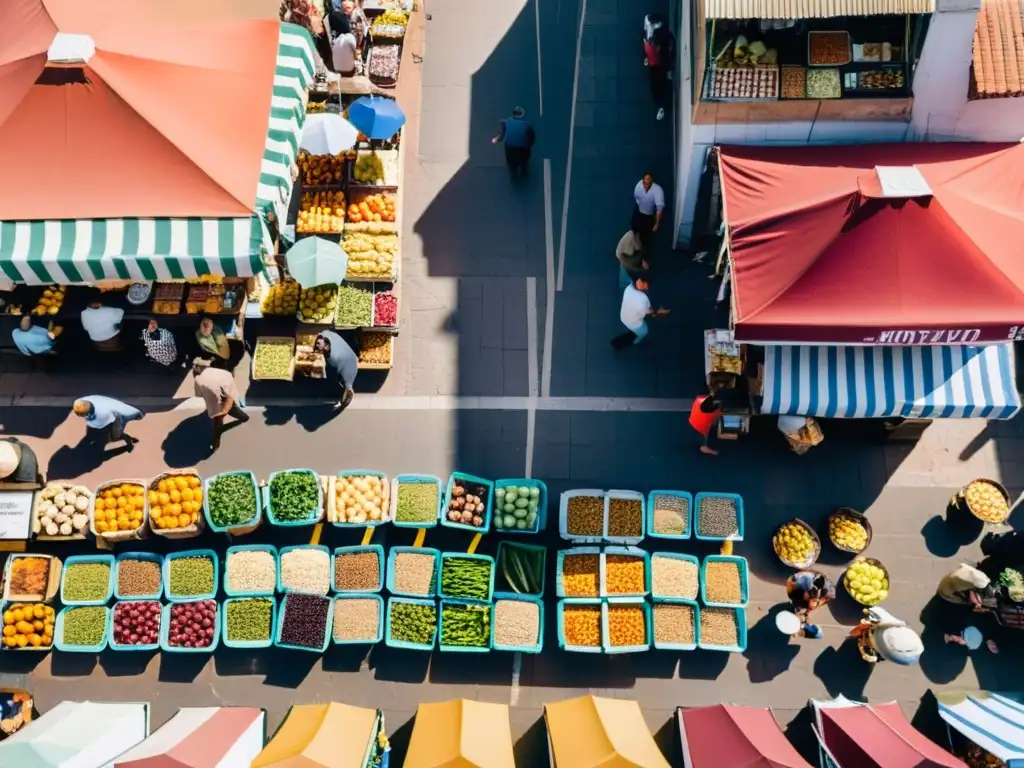 Vista aérea de un bullicioso mercado de alimentos en Montevideo, reflejo de los eventos gastronómicos en Uruguay que impulsan la economía local