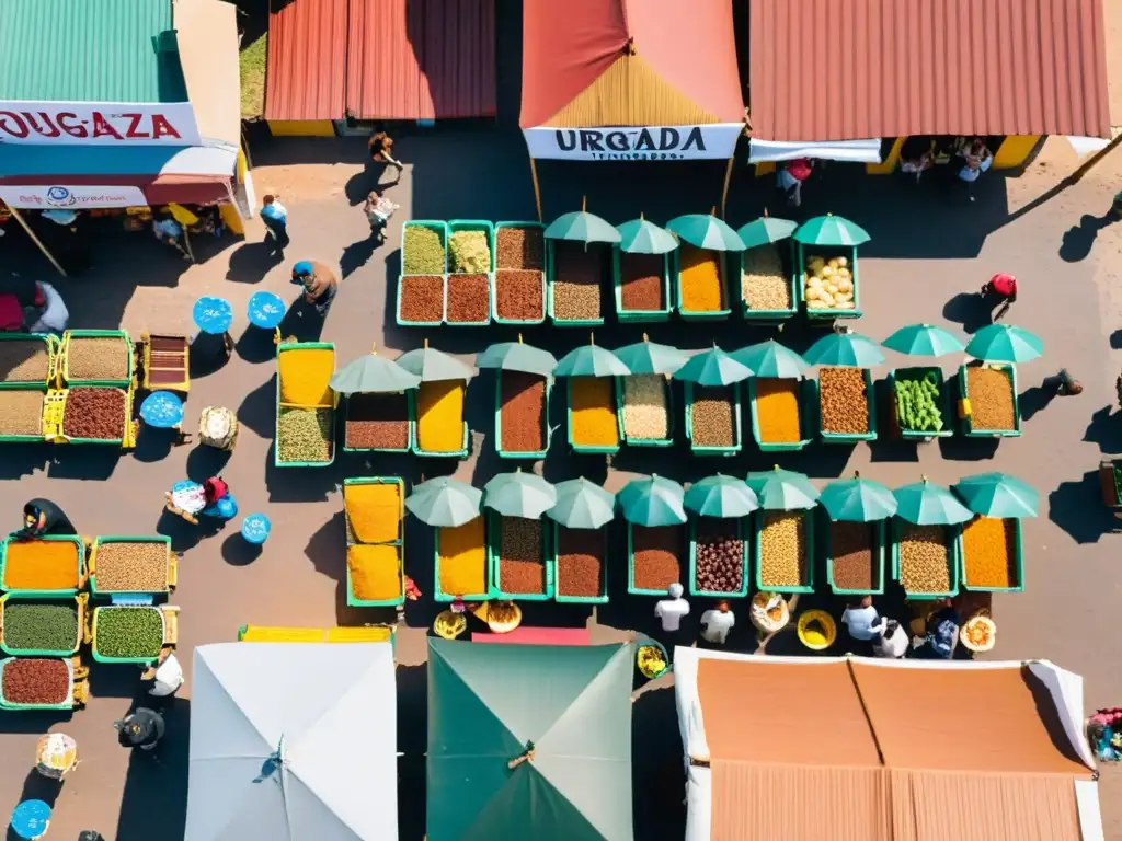 Vista aérea del bullicioso mercado de Rivera, ciudad fronteriza Brasil-Uruguay, donde culturas se fusionan entre vívidos colores y sabores locales