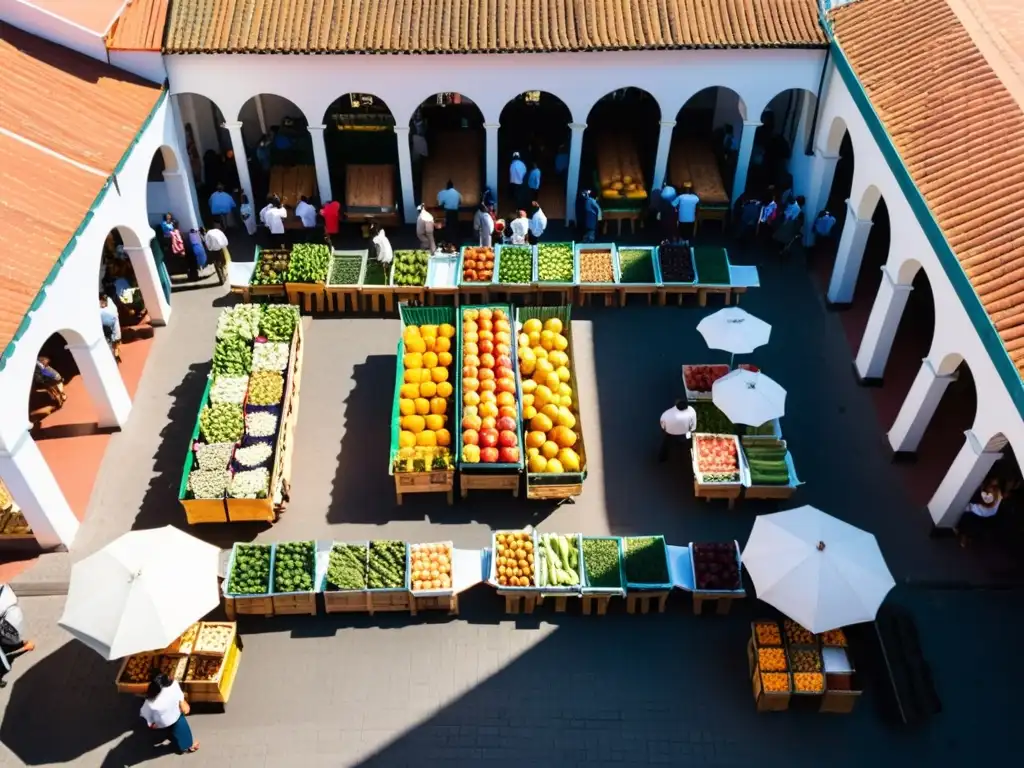 Vista aérea del bullicioso Mercado del Puerto Uruguay, cultura y tradición entre puestos de frutas vibrantes y la arquitectura histórica de Montevideo