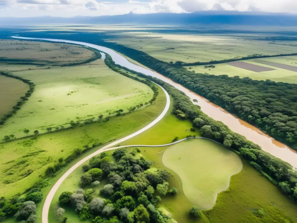 Vista aérea del campo de la Batalla de Las Piedras, historia uruguaya, con estatua de Artigas al atardecer