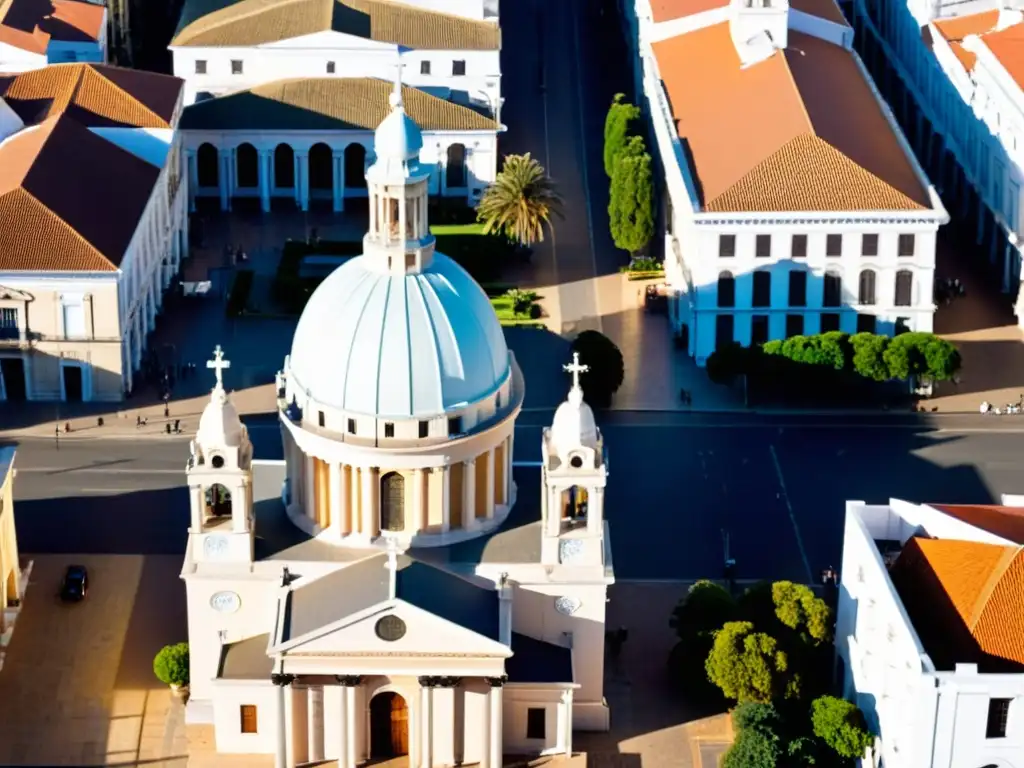 Vista aérea de una de las catedrales más antiguas de Uruguay, la majestuosa Basílica de San Juan Bautista en Montevideo, brillando bajo el sol