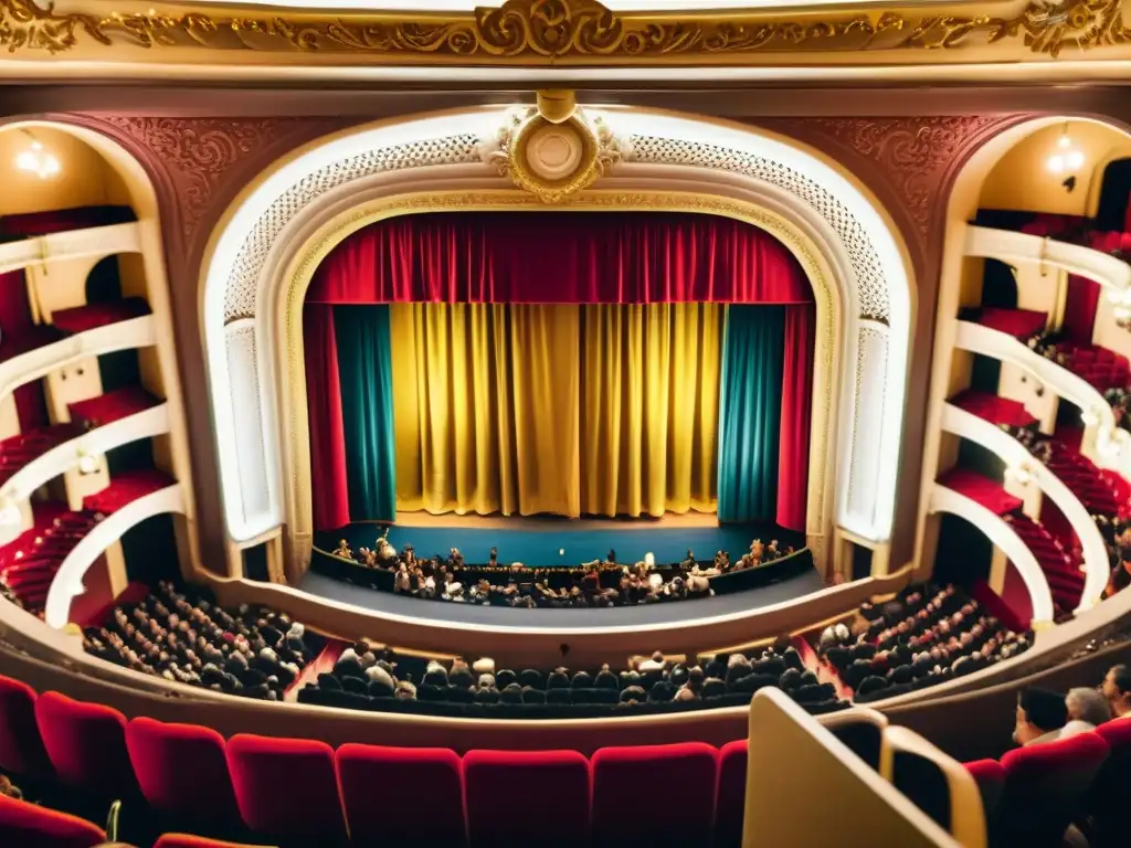 Vista aérea cautivadora de un auditorio repleto en un evento de teatro, destacando la rica cartelera uruguaya