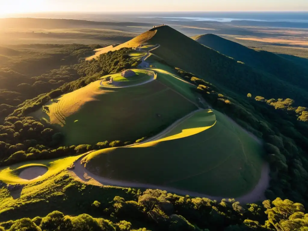 Vista aérea del Cerro de los Santos Uruguay al amanecer, arqueólogos desentrañando secretos de antiguas civilizaciones en la vastedad campestre