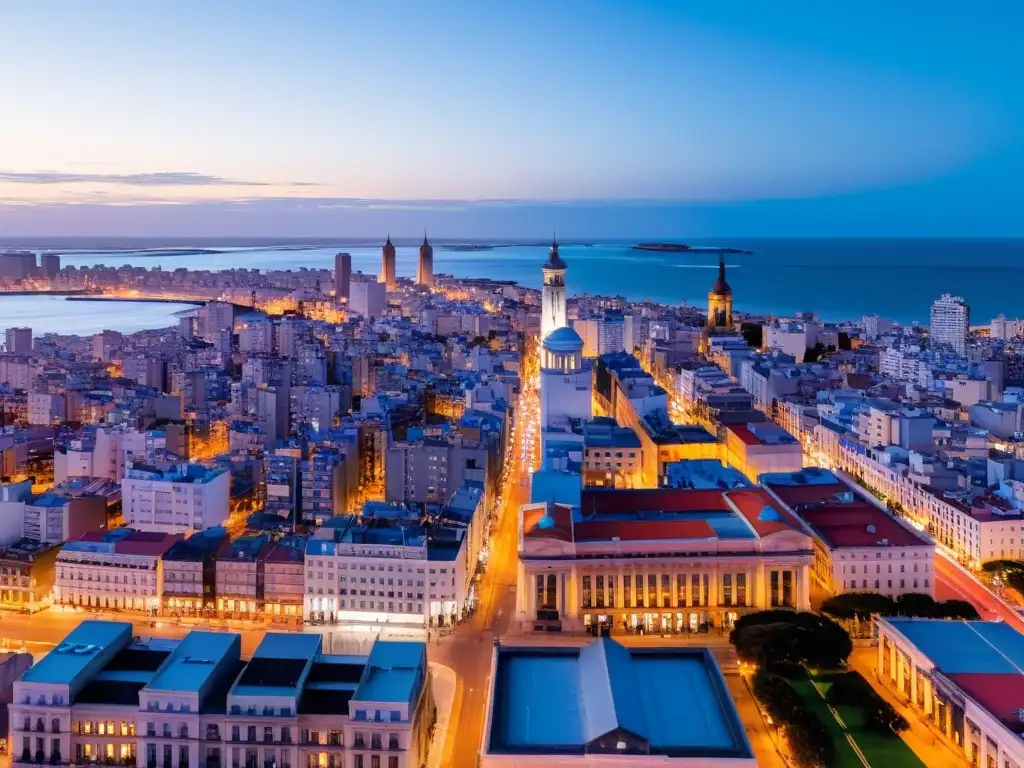 Vista aérea de Montevideo al anochecer, resaltando coches de aplicaciones de transporte en Uruguay, bajo un cielo atardecer