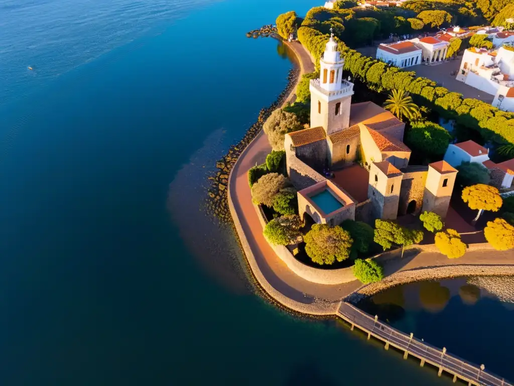 Vista aérea de Colonia del Sacramento al atardecer, con la historia y patrimonio de la ciudad bañada en una luz dorada