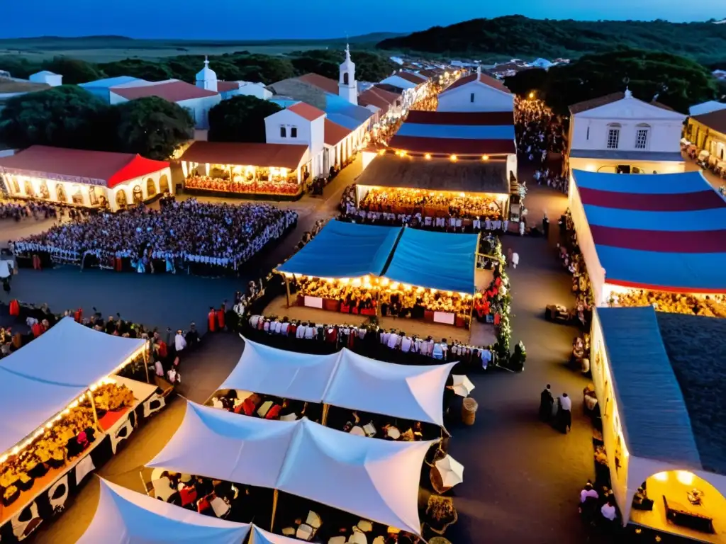 Vista aérea del concurrido Festival Internacional de Folklore de Durazno, Uruguay, donde la danza y tradiciones locales iluminan la noche mágica de la ciudad