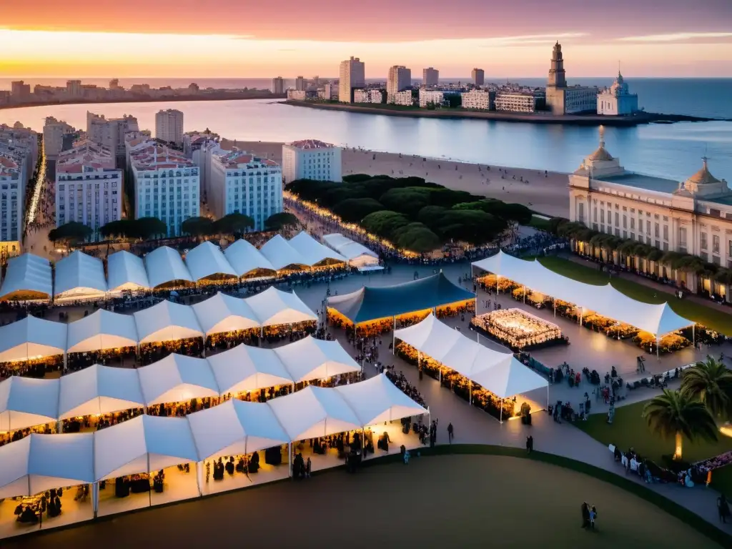 Vista aérea del corazón bullicioso de una de las ferias de moda en Uruguay, Montevideo, bajo la calidez del atardecer dorado