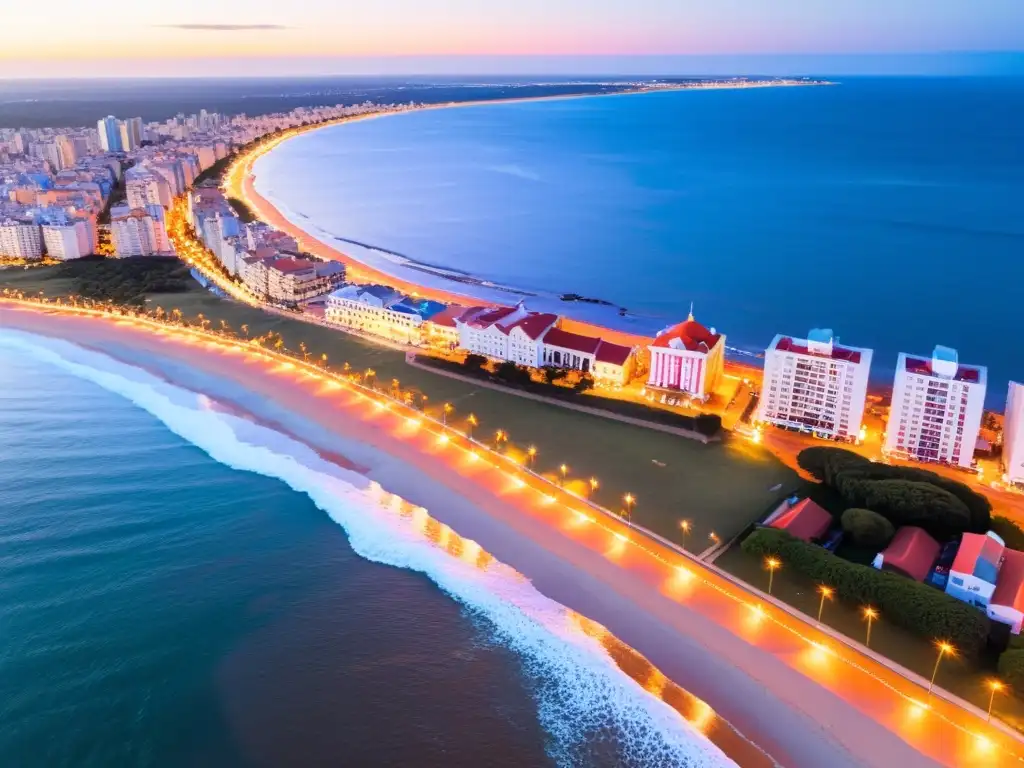 Vista aérea de la costa uruguaya al atardecer con alojamientos variados; parte de la guía completa para encontrar alojamientos en Uruguay