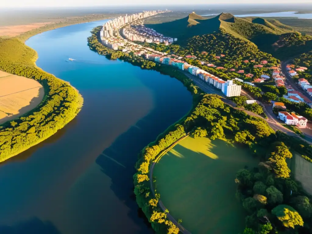 Vista aérea de Rivera, ciudad fronteriza Brasil-Uruguay, bajo un crepúsculo dorado, dividida por un río serpenteante y una mezcla cultural única