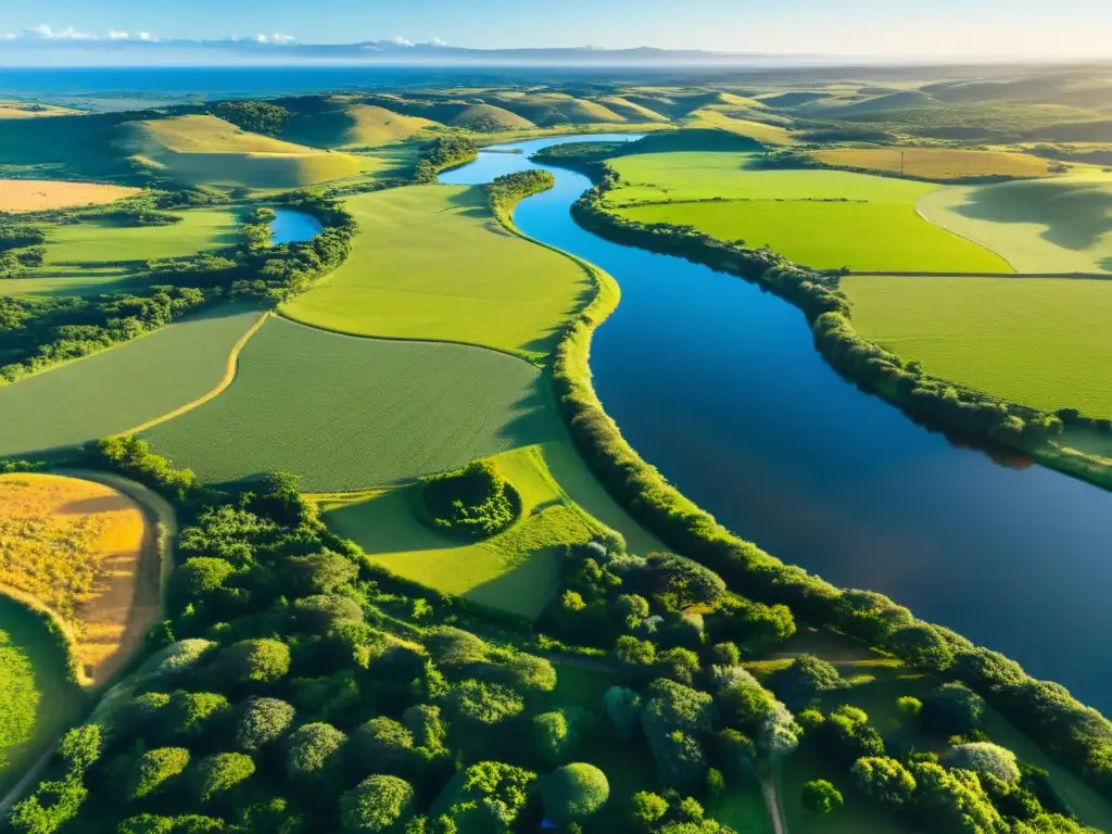 Vista aérea de la cultura y belleza de Uruguay: campo verde, casas rurales, río serpenteante y Montevideo al horizonte