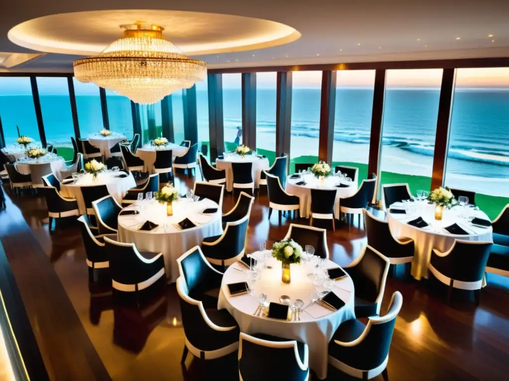 Vista aérea deslumbrante de uno de los restaurantes de lujo en Uruguay, Punta del Este, con mesas de caoba y vistas al mar