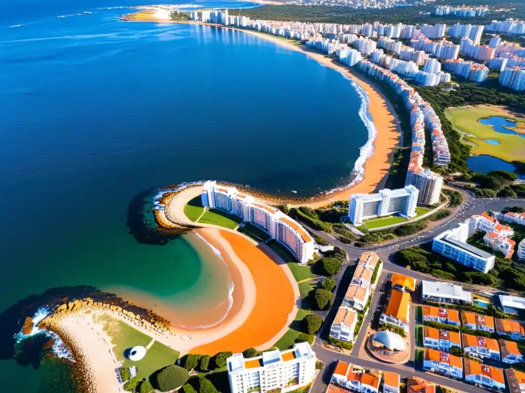 Vista aérea del destino de playa glamuroso Uruguay, Punta del Este, al atardecer, con yates de lujo y arquitectura encantadora