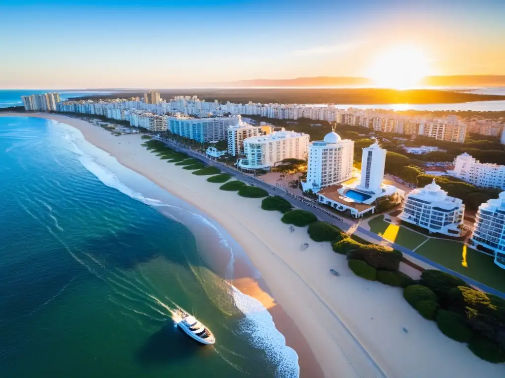 Vista aérea del destino de playa glamuroso Uruguay, Punta del Este, en un atardecer dorado con La Mano y yates lujosos