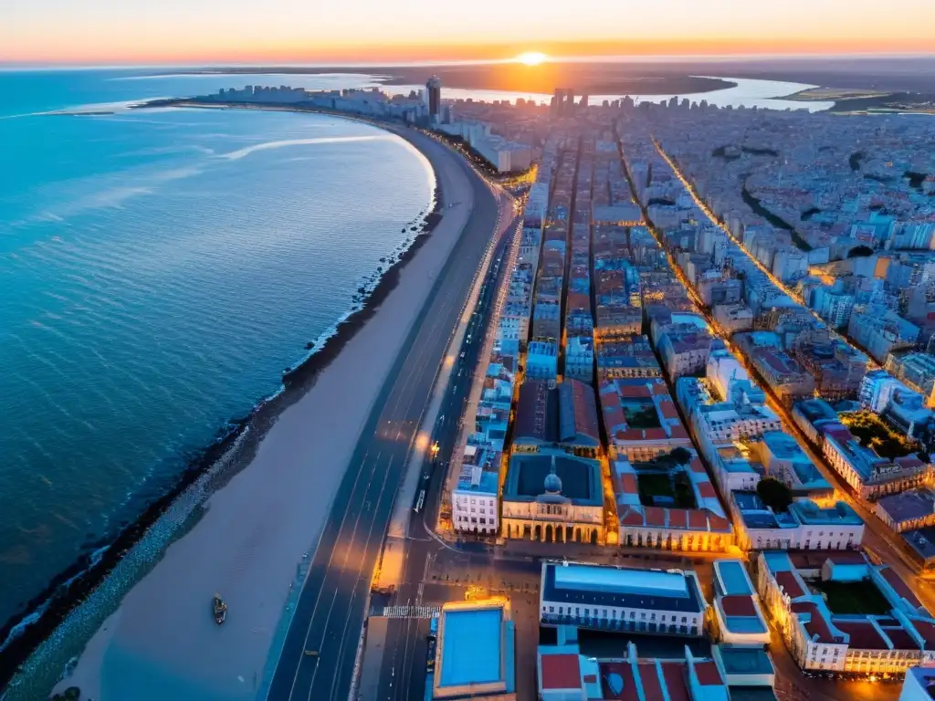 Vista aérea dorada de Montevideo, destacando la arquitectura colonial y moderna