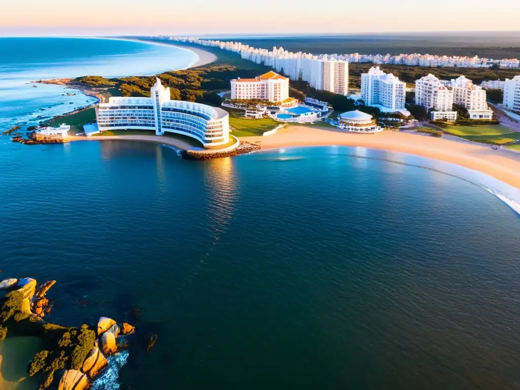 Vista aérea dorada de Punta del Este, Uruguay, mostrando la elegancia de los mejores hoteles 5 estrellas de Uruguay en la playa