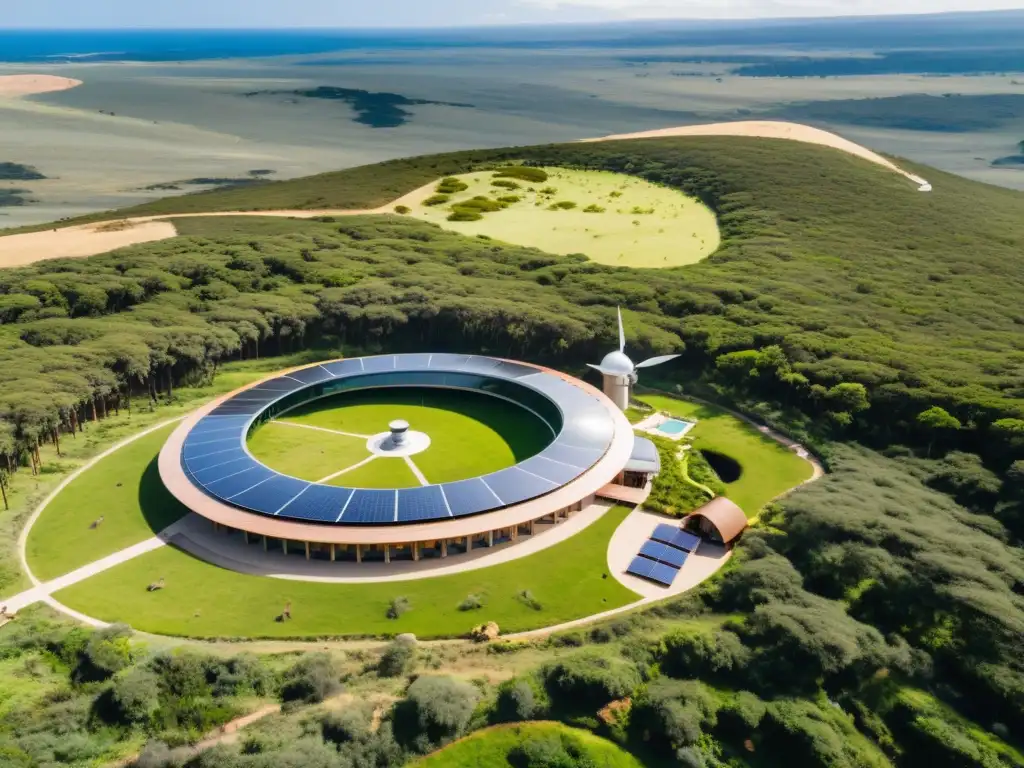 Vista aérea de un ecohotel en Uruguay, mezcla perfecta de arquitectura moderna y naturaleza, ejemplo de hoteles verdes en Uruguay