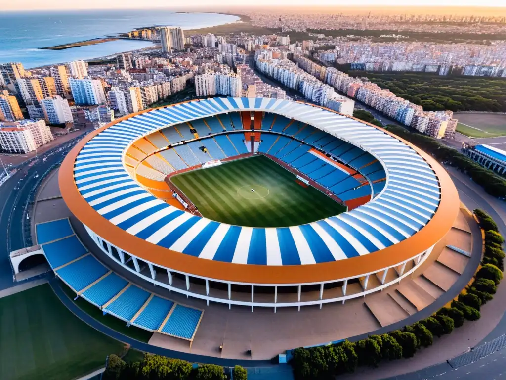 Vista aérea del Estadio Centenario en Montevideo, reflejando la vibrante relación entre fútbol y cultura uruguaya al atardecer