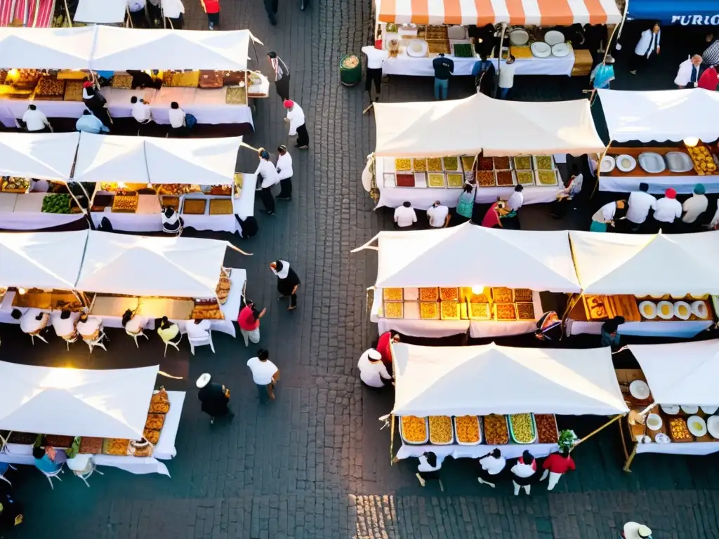 Vista aérea de uno de los eventos gastronómicos populares en Uruguay, con puestos coloridos y chefs en competencia, bajo un atardecer dorado