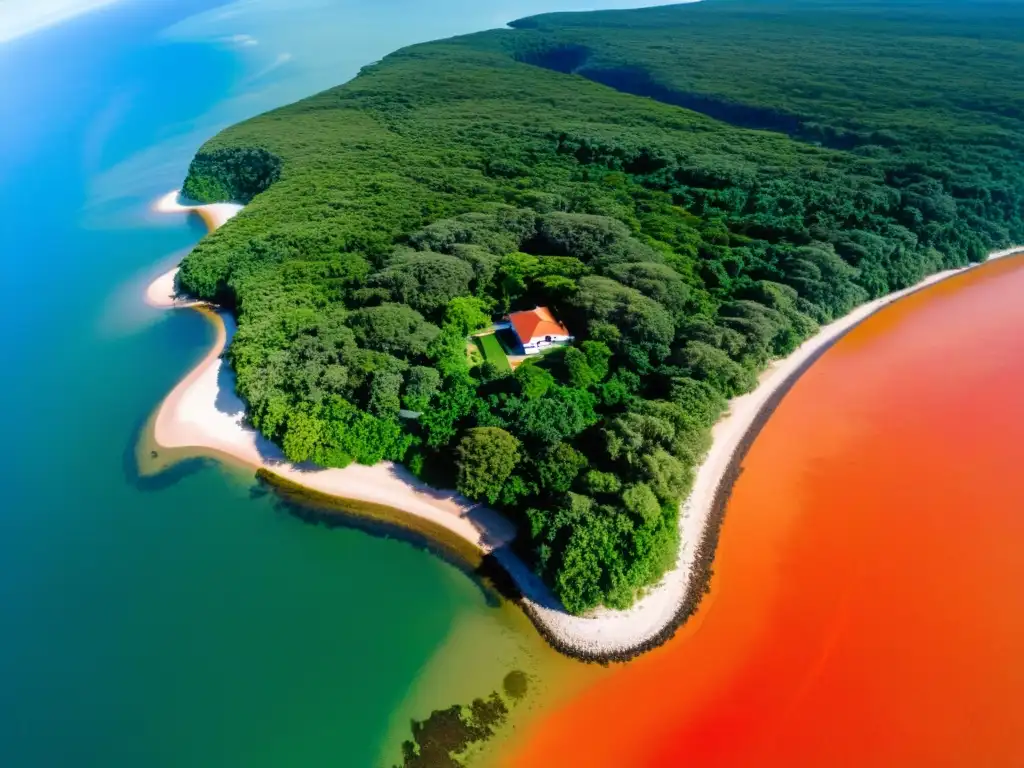 Vista aérea de la experiencia turística Isla Martín García, un paraíso verde y aislado, salpicado por casas rojizas y rodeado de aguas azules