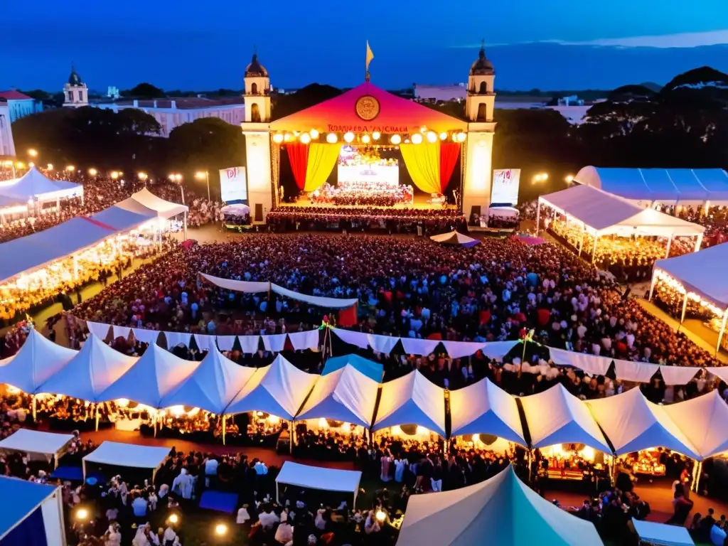 Vista aérea del Festival Internacional de Folklore de Durazno, Uruguay, lleno de alegría, bailes y música al atardecer