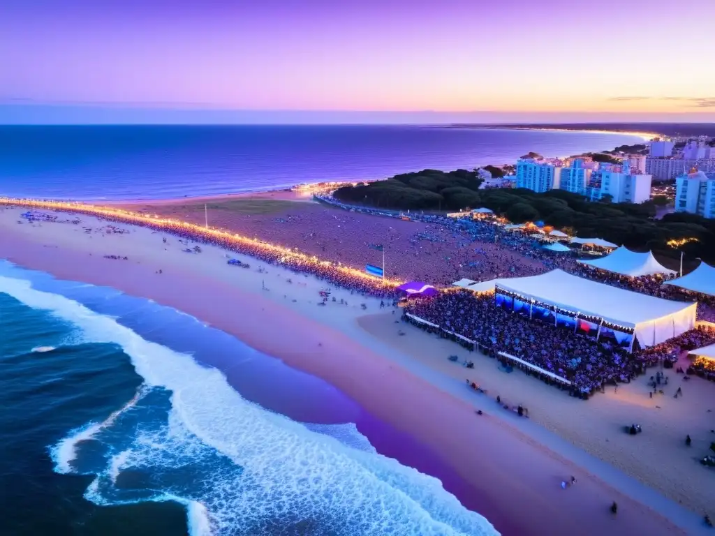 Vista aérea del Festival Internacional de la Canción de Punta del Este al anochecer, con luces de la ciudad y escenario brillando intensamente