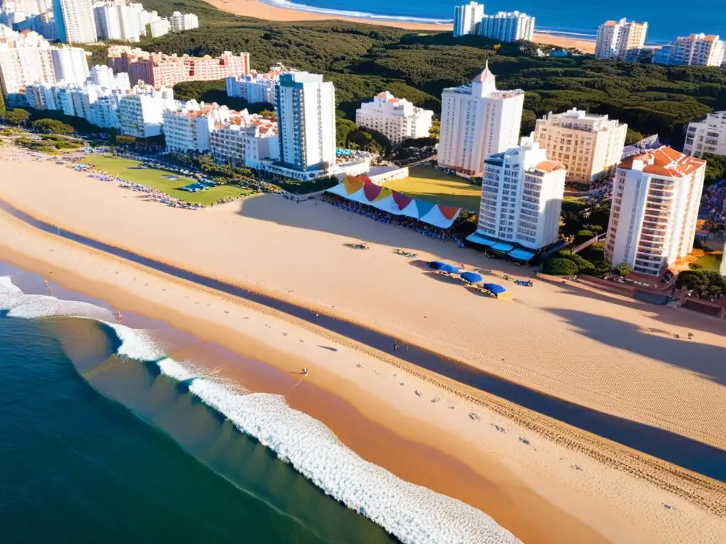 Vista aérea del 'Festival Internacional Canción Punta Este' al atardecer, reflejando la diversidad y pasión musical