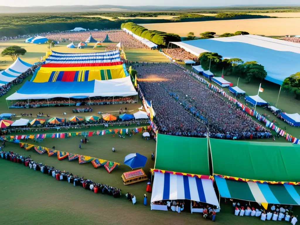 Vista aérea del Festival Nacional de Folclore Durazno en Uruguay, lleno de gente, música, bailes y colores al atardecer