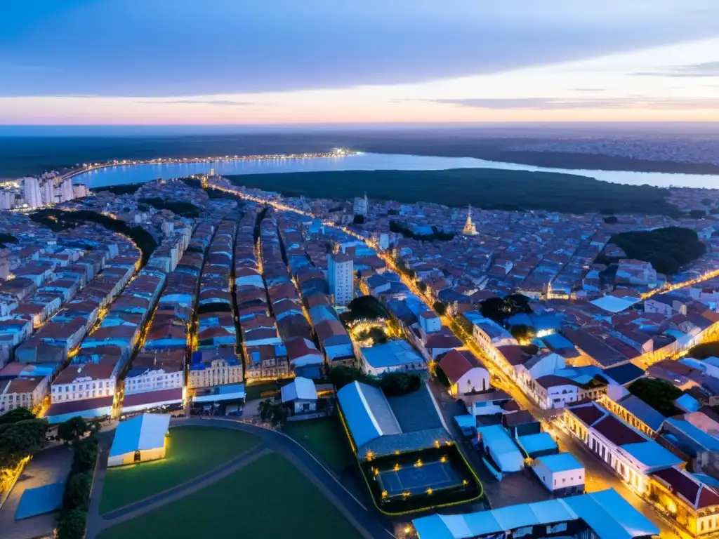 Vista aérea de Rivera, ciudad fronteriza Brasil-Uruguay, iluminada por un atardecer dorado y vibrante