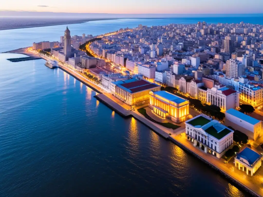 Vista aérea de Montevideo iluminada por el atardecer, revelando la cultura y belleza de Uruguay en su arquitectura única y paisajes