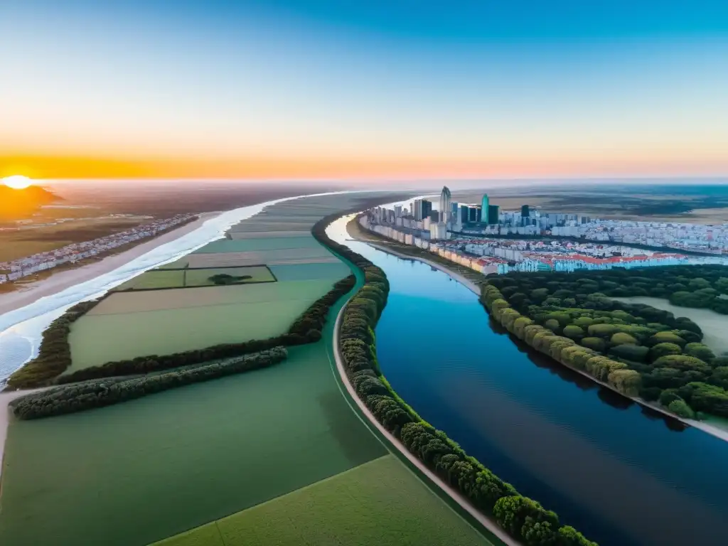 Vista aérea del impacto del turismo sostenible en Uruguay, la vibrante Montevideo y la naturaleza virgen bajo un cielo atardecer multicolor