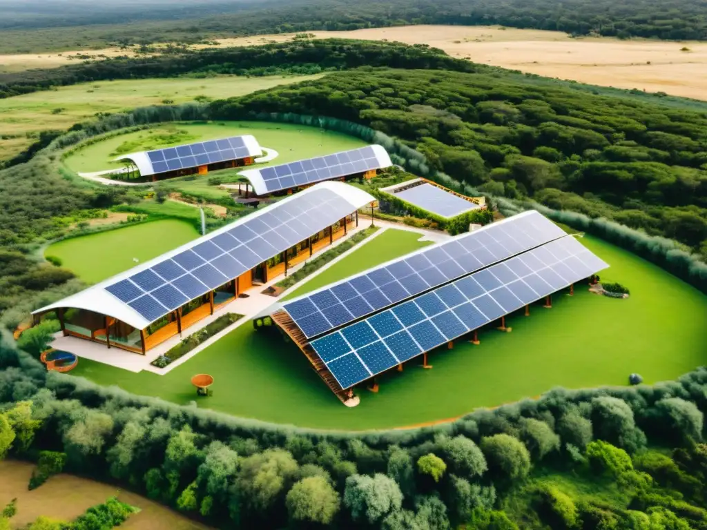 Vista aérea de un impresionante hotel ecológico en Uruguay, armonizando con la naturaleza y el cielo azul