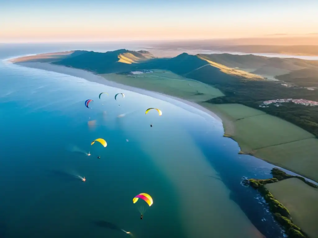 Vista aérea de la impresionante geografía uruguaya bajo el suave atardecer, con paracaidistas desplegando sus coloridos paracaídas