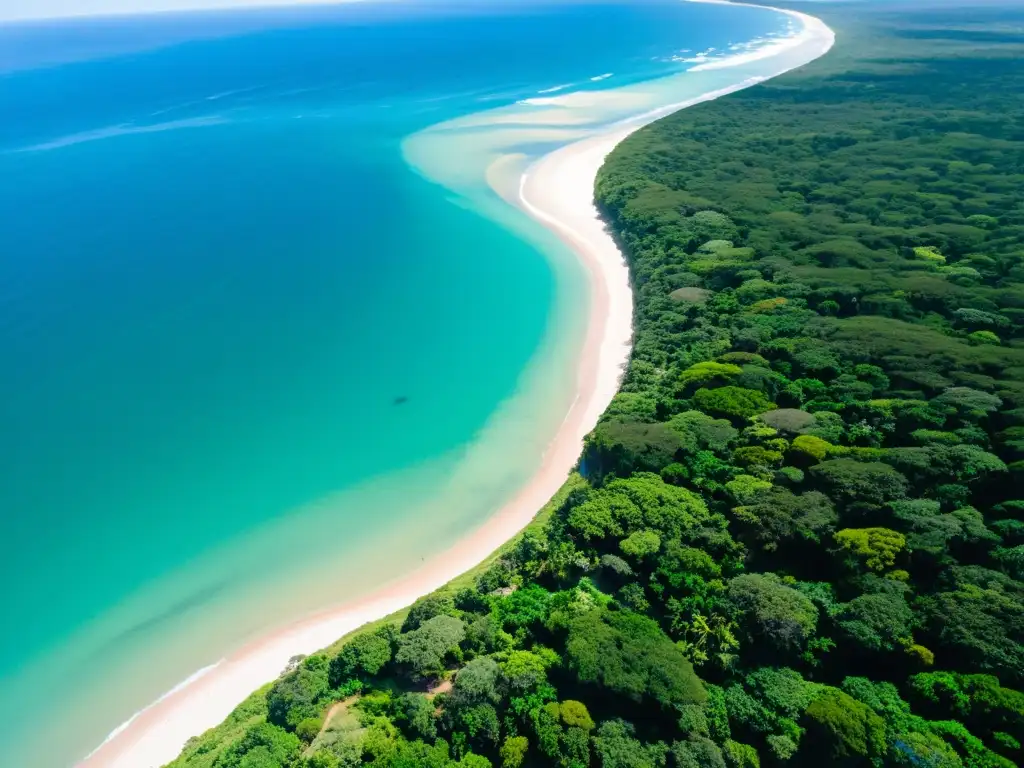 Vista aérea impresionante de la biodiversidad de Santa Teresa, Uruguay, combinando verde bosque, playas prístinas y mar azul