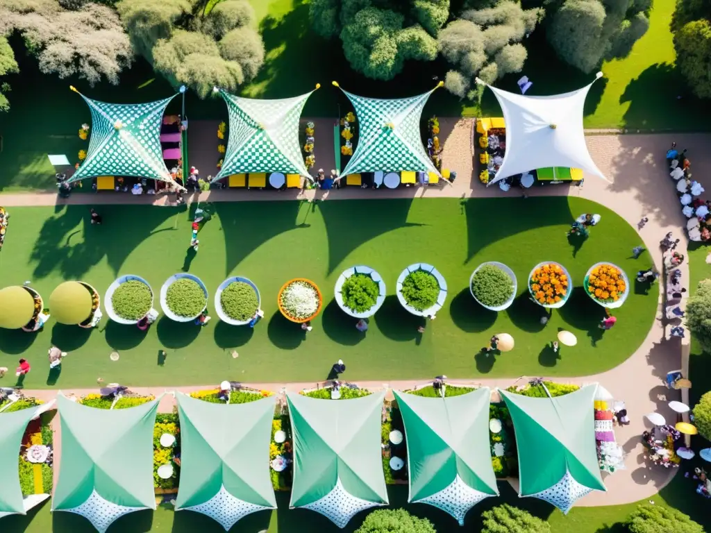 Vista aérea intrincada de eventos gastronómicos en Uruguay en primavera, parque vibrante con comida variada y música en vivo