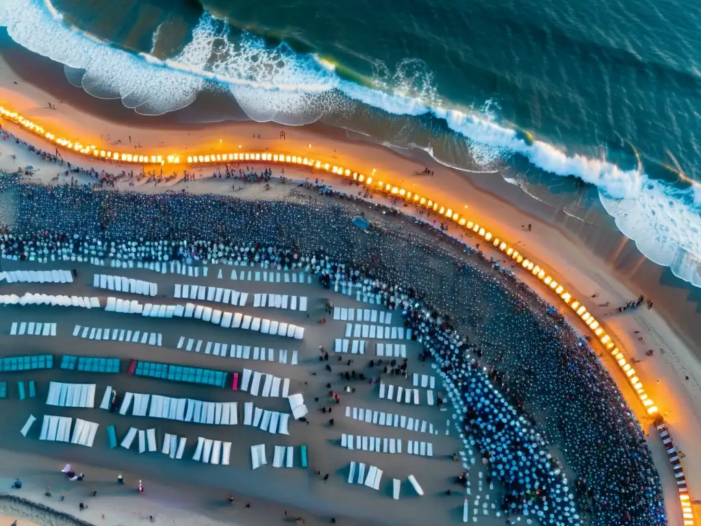 Vista aérea de Montevideo, Uruguay durante la mágica Fiesta de Iemanjá, con bailes rituales y ofrendas flotantes al atardecer