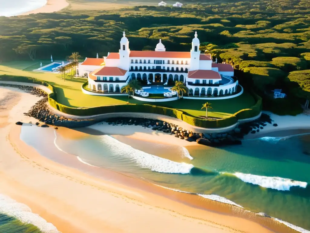 Vista aérea del mejor hotel 5 estrellas en Uruguay, bañado por el dorado atardecer, donde huéspedes disfrutan una cena gourmet