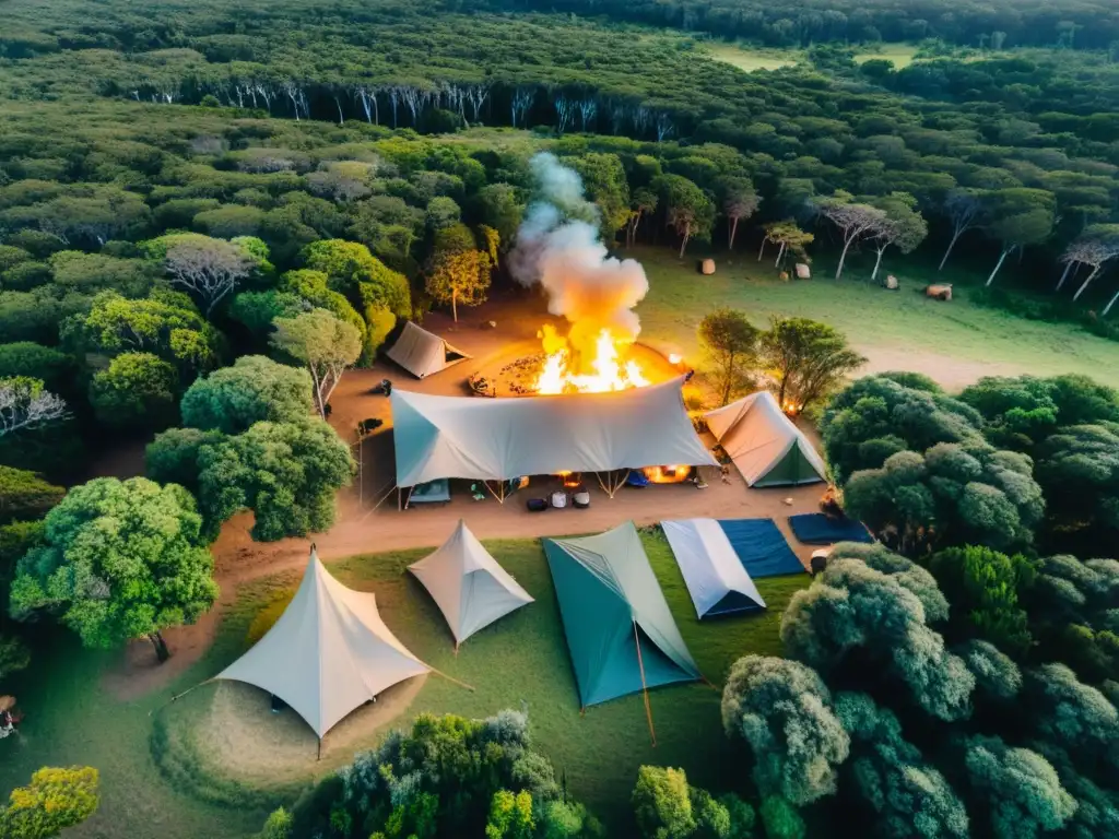 Vista aérea de las mejores áreas de camping en Uruguay, iluminadas por un fuego central y estrellas emergentes al atardecer