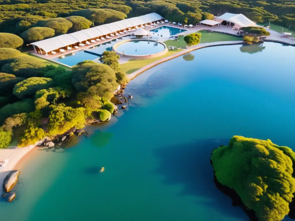 Vista aérea de las mejores termas marinas balnearios en Uruguay, bañadas por el dorado atardecer y rodeadas de exuberante vegetación