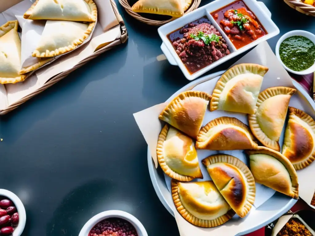 Vista aérea de un mercado uruguayo vibrante, mostrando la rica cultura culinaria uruguaya tradicional a través de empanadas, asado y vino Tannat