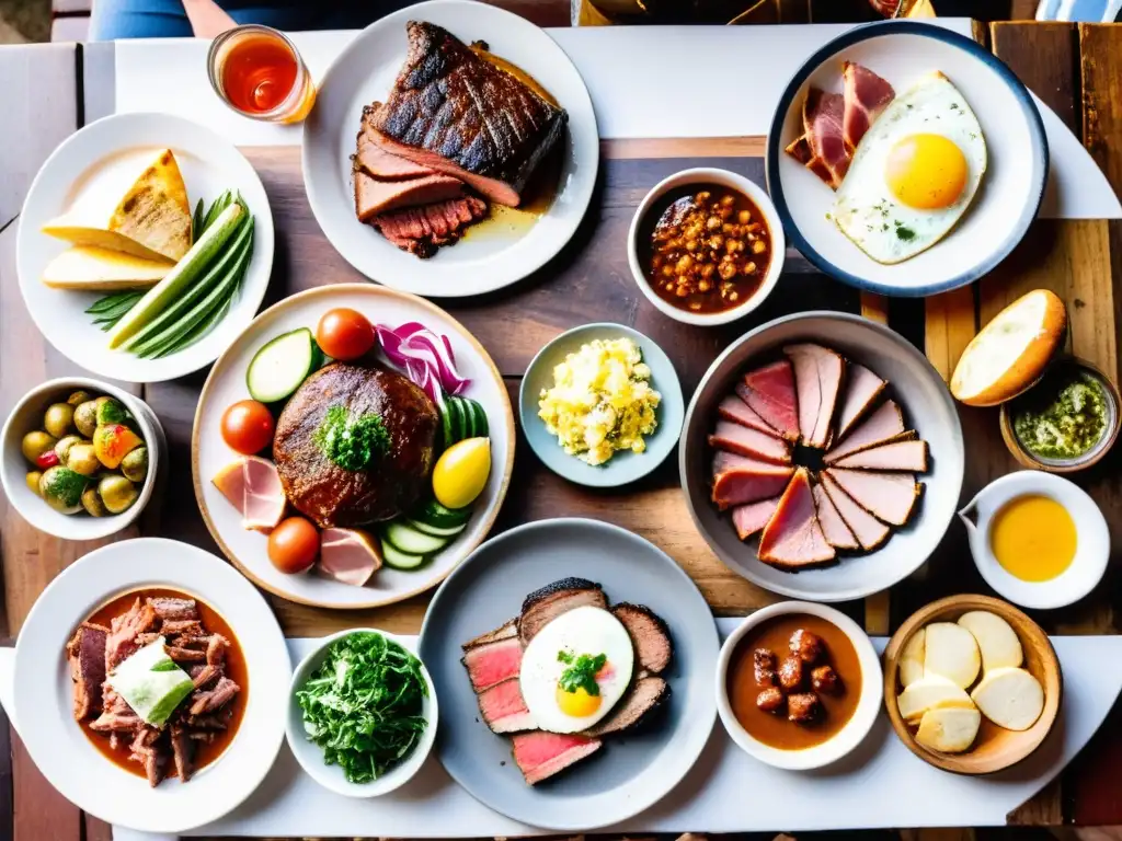 Vista aérea de una mesa rústica llena de sabrosas recetas autóctonas de la cocina uruguaya, con un asado jugoso en el centro